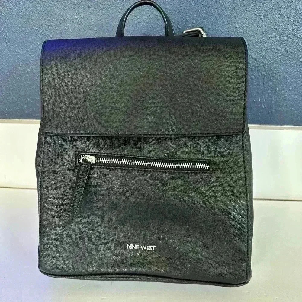 Nine West Black Faux Leather Flap Backpack Mini Front Zip Pocket